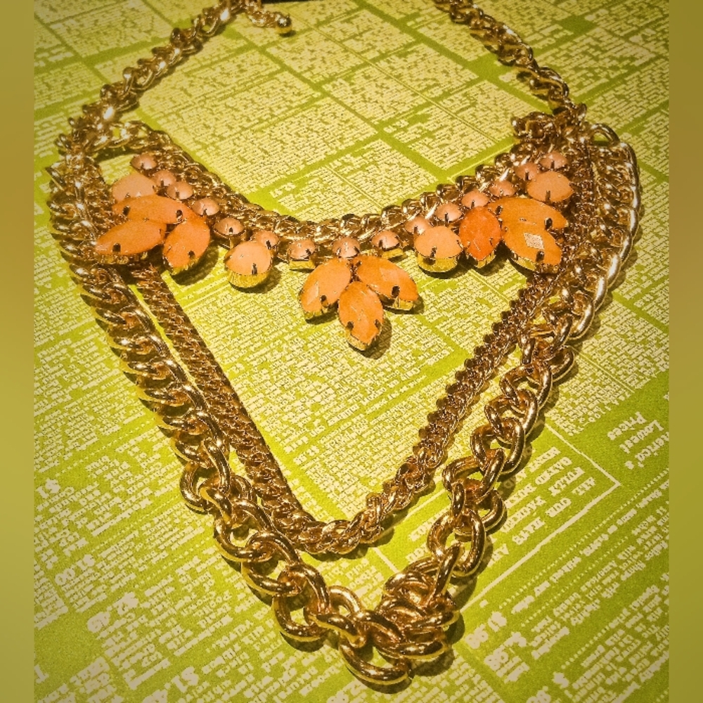 Ladies Triple Layer Gold Tone and Rhinestone Flowered Necklace